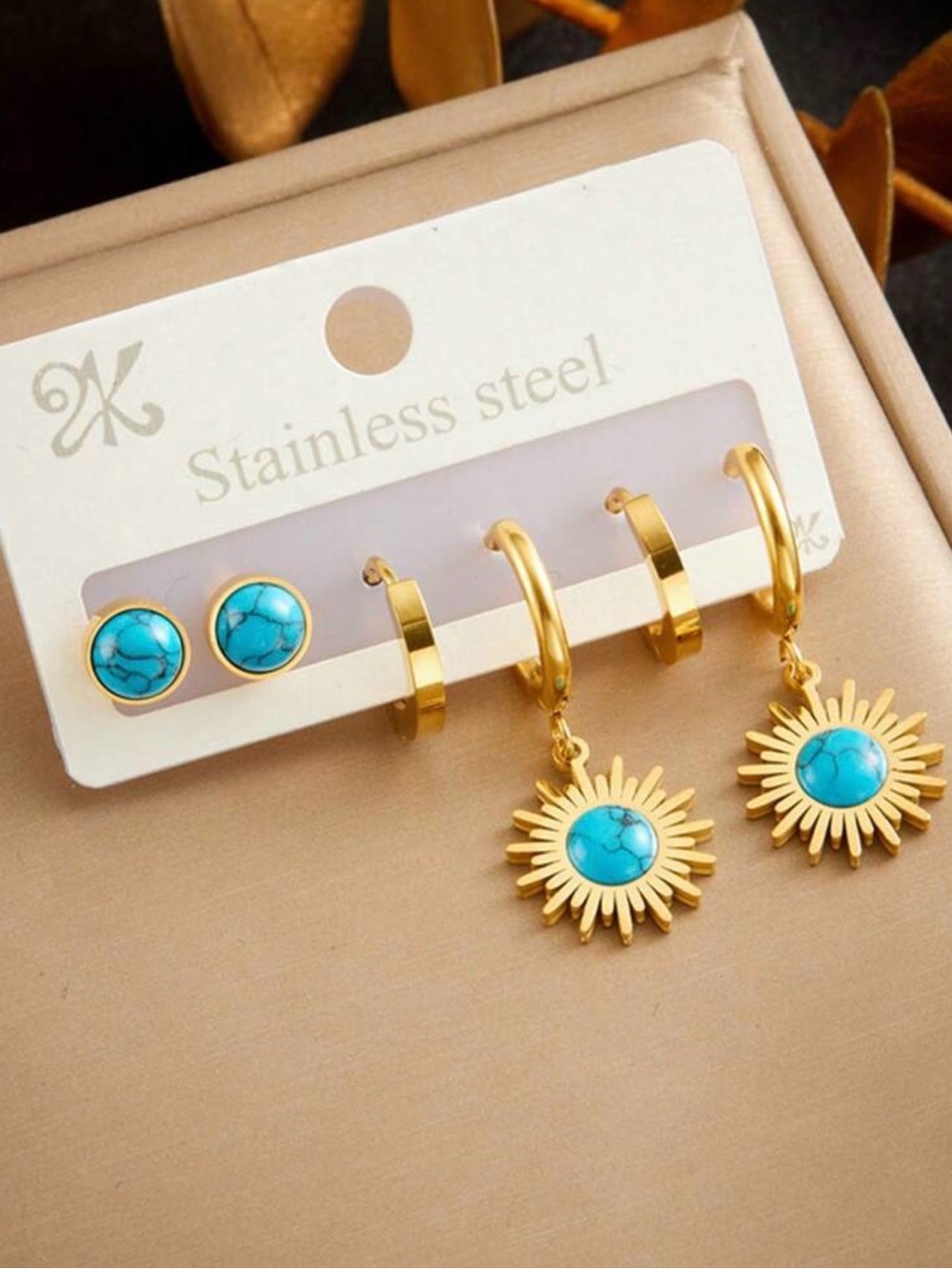 Gold Turquoise Sunburst Hoop & Stud Earring Set